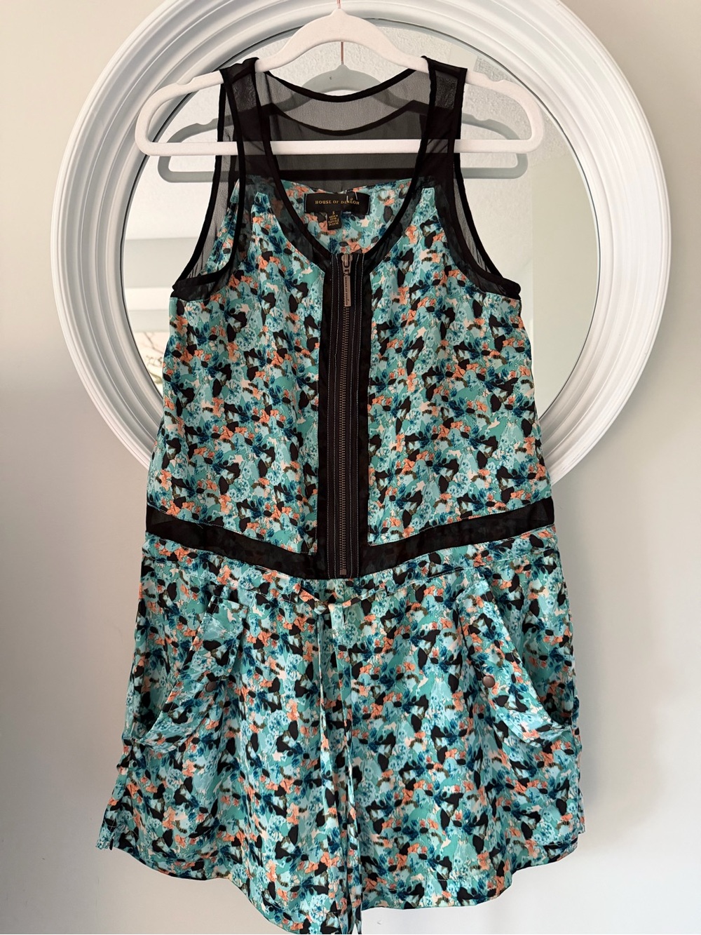 Vintage House of Dereon Beyoncé Teal Floral Mesh Zipper Romper S